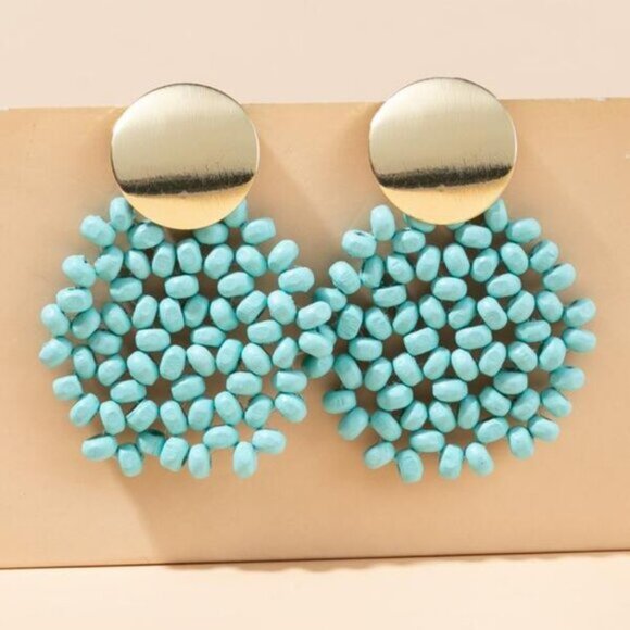 Boho Chic Wooden Disc Beaded Fashion Dangle Earrings Summer, Turquoise Blue - Picture 1 of 1
